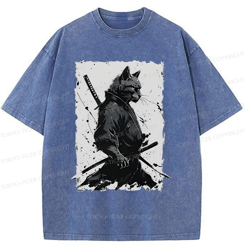 Tokyo-Tiger Handsome Samurai Cat Washed T-Shirt