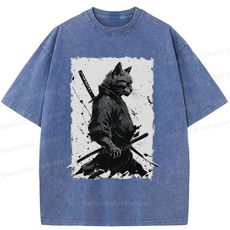 Tokyo-Tiger Handsome Samurai Cat Washed T-Shirt