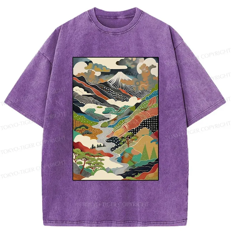 Tokyo-Tiger Japanese Mountain Scenery Washed T-Shirt