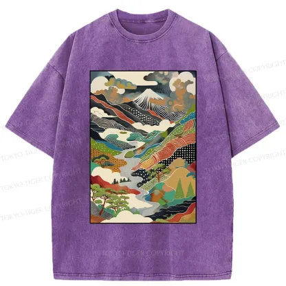 Tokyo-Tiger Japanese Mountain Scenery Washed T-Shirt