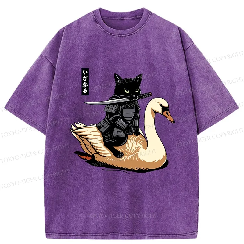 Tokyo-Tiger Black Cat Samurai Riding A Goose Washed T-Shirt