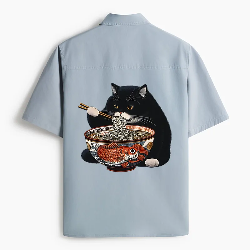 Tokyo-Tiger Fat Cat Eating Ramen Work Shirt
