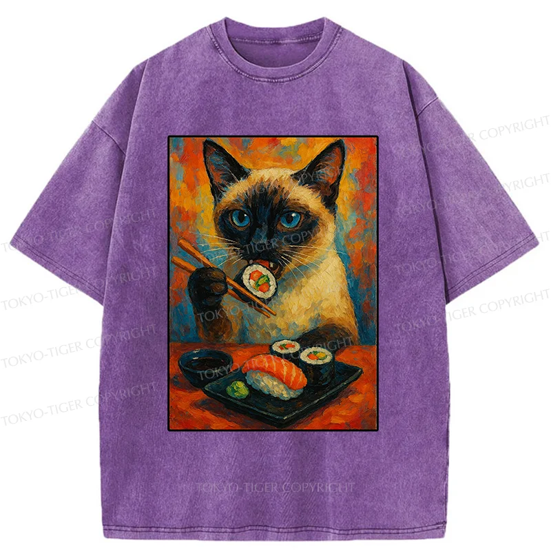 Tokyo-Tiger Siamese Cat Eating Sushi Washed T-Shirt