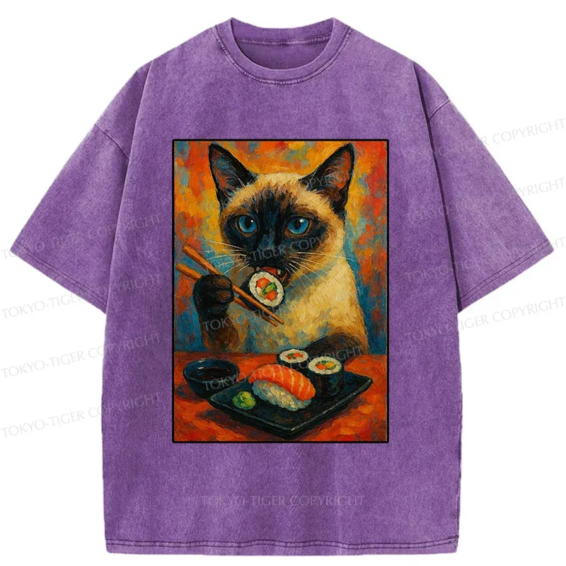 Tokyo-Tiger Siamese Cat Eating Sushi Washed T-Shirt