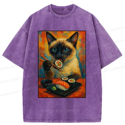 Tokyo-Tiger Siamese Cat Eating Sushi Washed T-Shirt