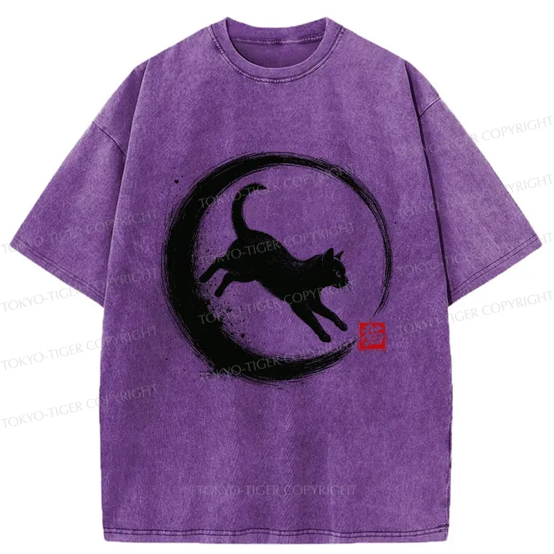 Tokyo-Tiger Retro Cat Enso Japanese Washed T-Shirt