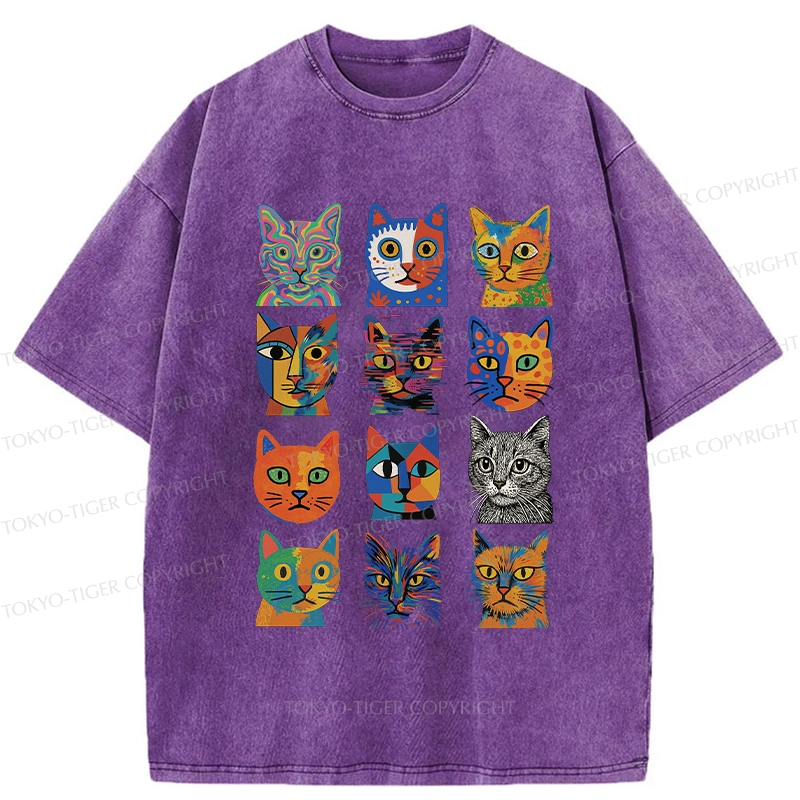 Tokyo-Tiger Abstract Cats Collection Washed T-Shirt