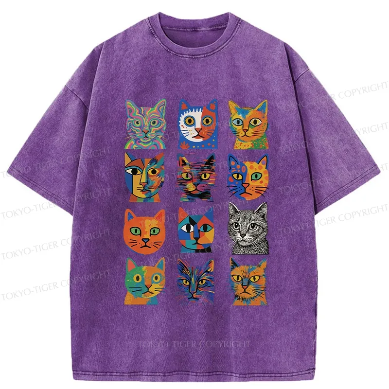 Tokyo-Tiger Abstract Cats Collection Washed T-Shirt