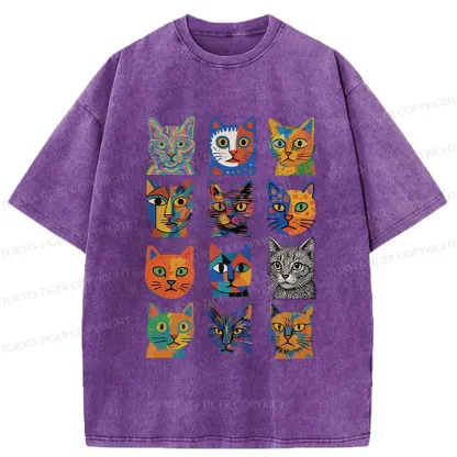 Tokyo-Tiger Abstract Cats Collection Washed T-Shirt