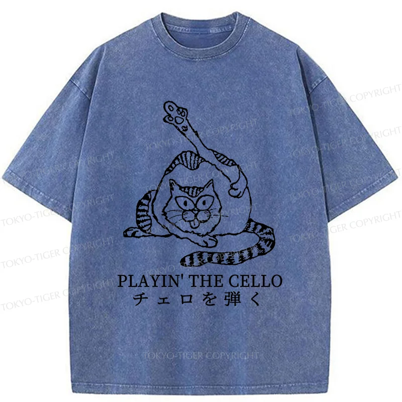 Tokyo-Tiger Cat Playing Cello Washed T-Shirt