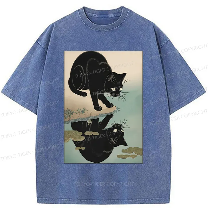 Tokyo-Tiger Cat Drinking River Water Washed T-Shirt
