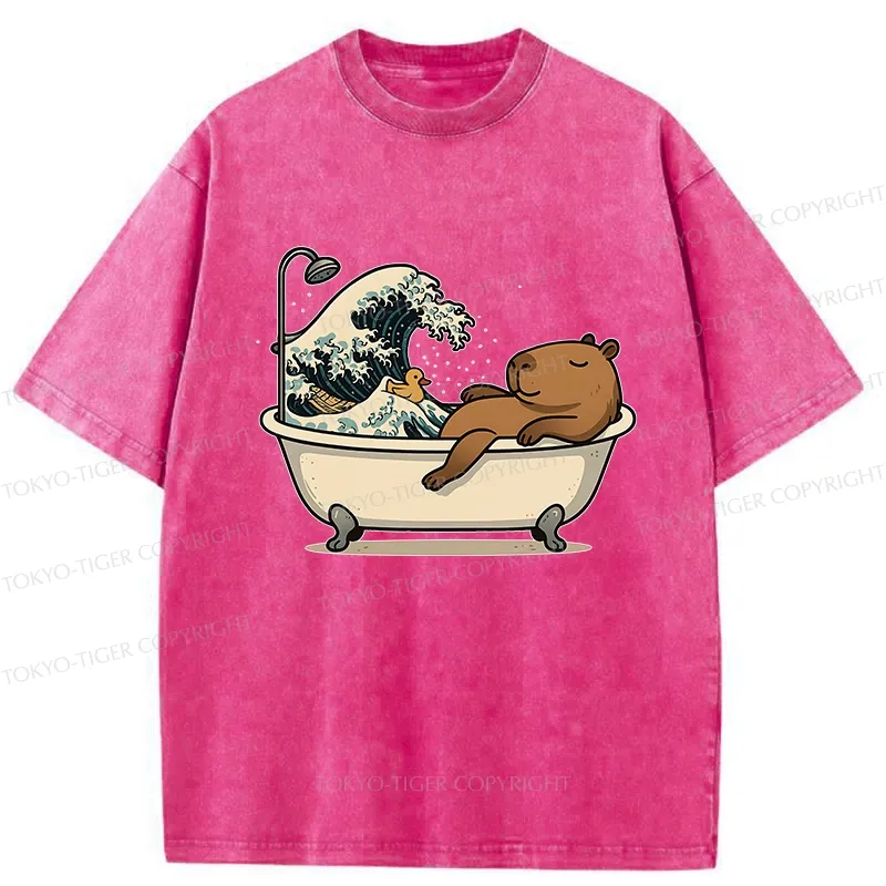Tokyo-Tiger Funny Capybara Bathing Washed T-Shirt