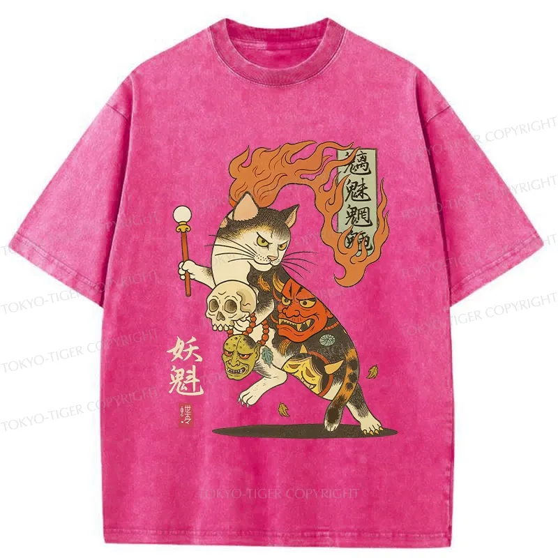 Tokyo-Tiger The Fiery Spirit Of The Yokai Cat Washed T-Shirt