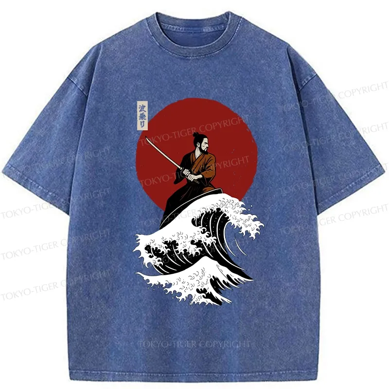 Tokyo-Tiger Surfing Japanese Samurai Washed T-Shirt