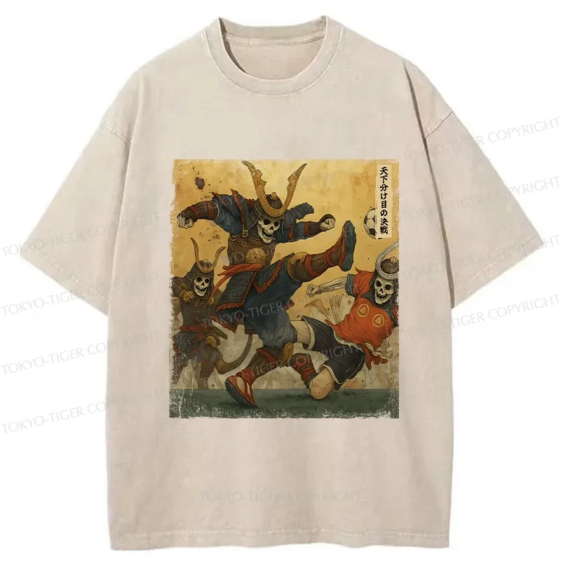 Tokyo-Tiger Skeleton Samurai Playing Football Washed T-Shirt