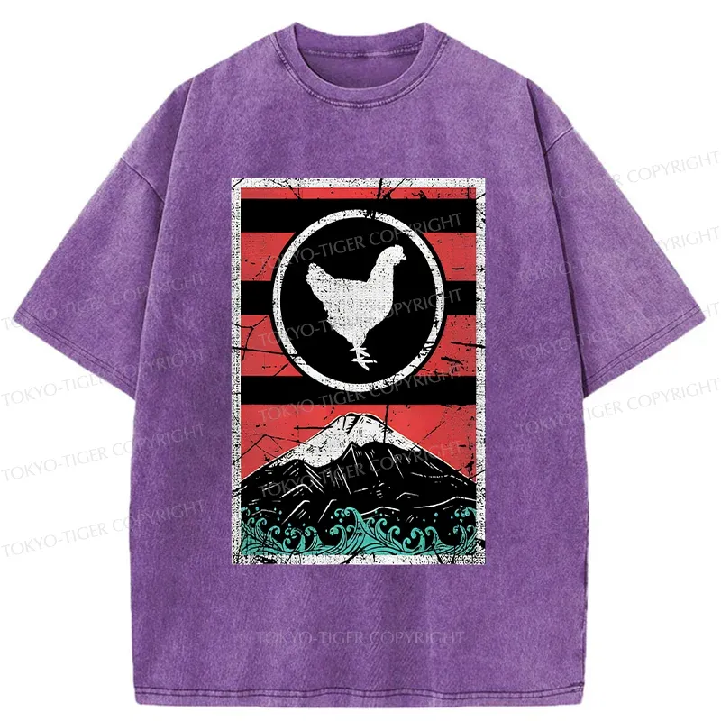 Tokyo-Tiger Mount Fuji And Chicken Washed T-Shirt