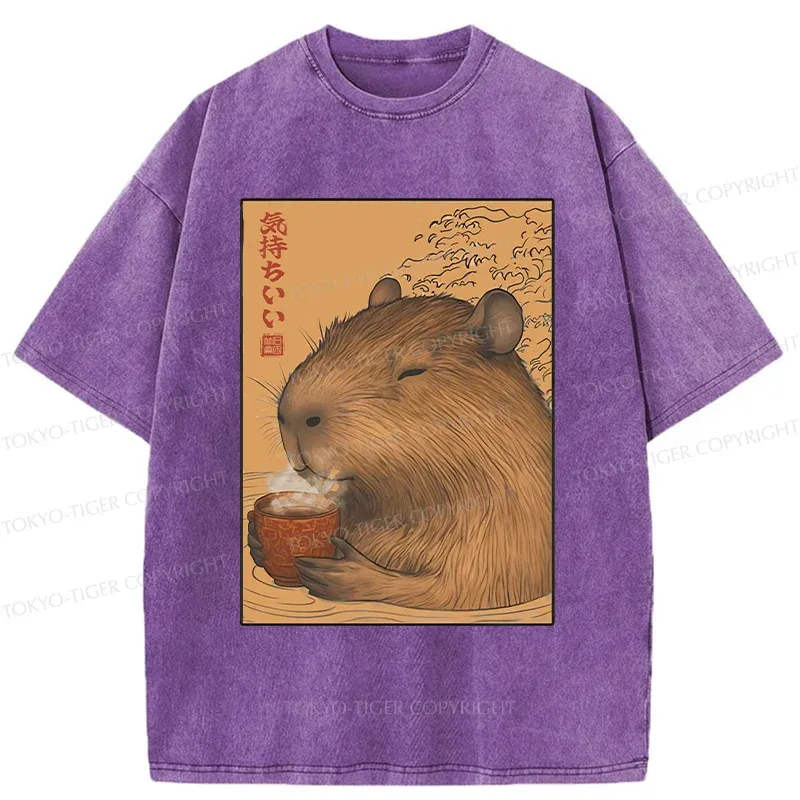 Tokyo-Tiger Capybara Taking A Bath Washed T-Shirt