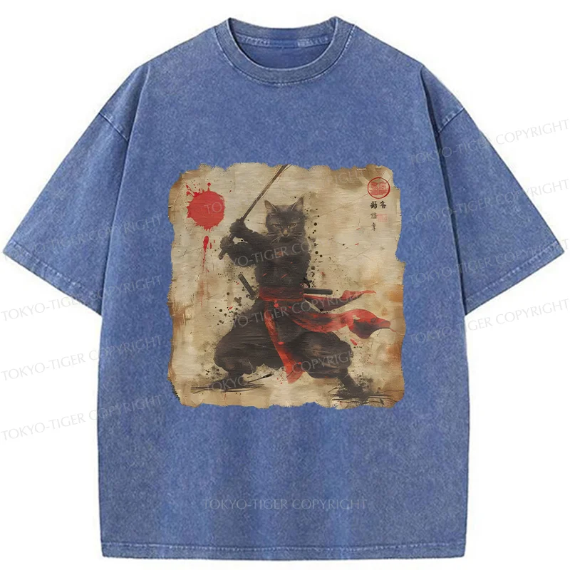 Tokyo-Tiger Retro Japanese Samurai Cat Washed T-Shirt
