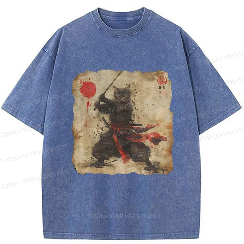 Tokyo-Tiger Retro Japanese Samurai Cat Washed T-Shirt