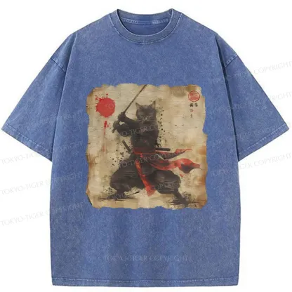 Tokyo-Tiger Retro Japanese Samurai Cat Washed T-Shirt