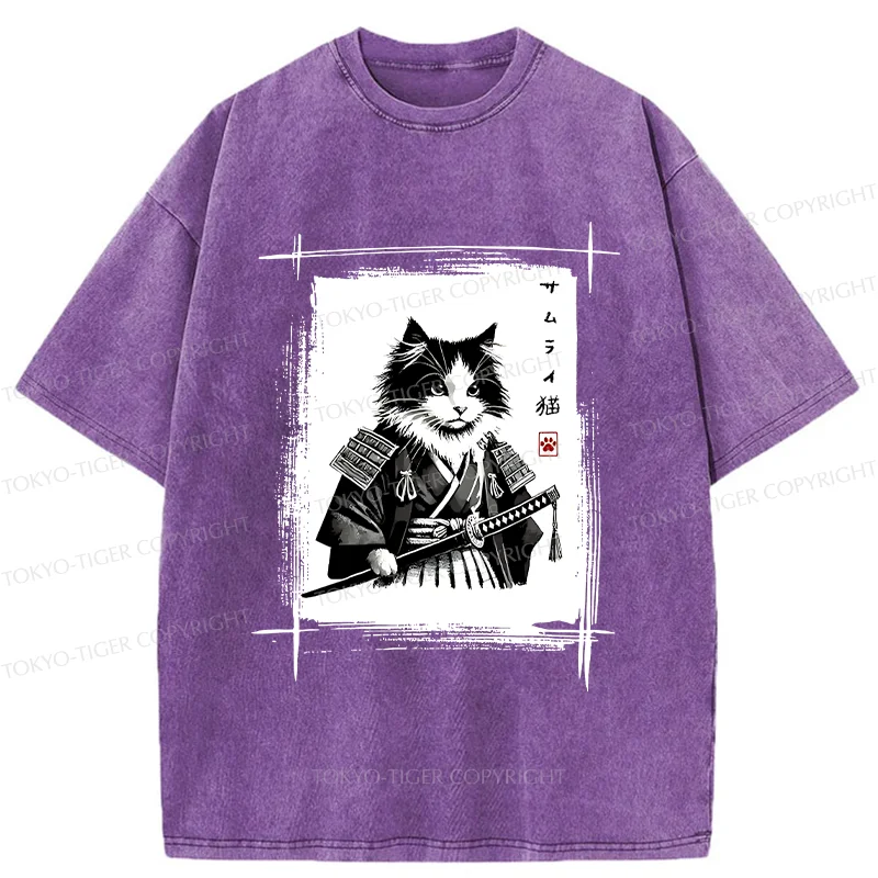 Tokyo-Tiger Tuxedo Samurai Cat Washed T-Shirt