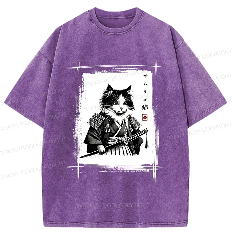 Tokyo-Tiger Tuxedo Samurai Cat Washed T-Shirt