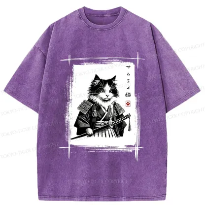 Tokyo-Tiger Tuxedo Samurai Cat Washed T-Shirt