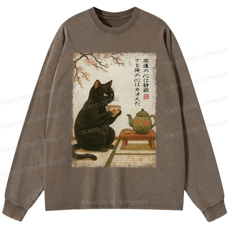 Tokyo-Tiger Tea Time With A Black Cat Washed Long Sleeve T-Shirt