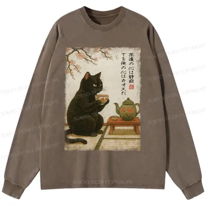 Tokyo-Tiger Tea Time With A Black Cat Washed Long Sleeve T-Shirt