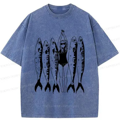 Tokyo-Tiger Swimming People And Fish Washed T-Shirt