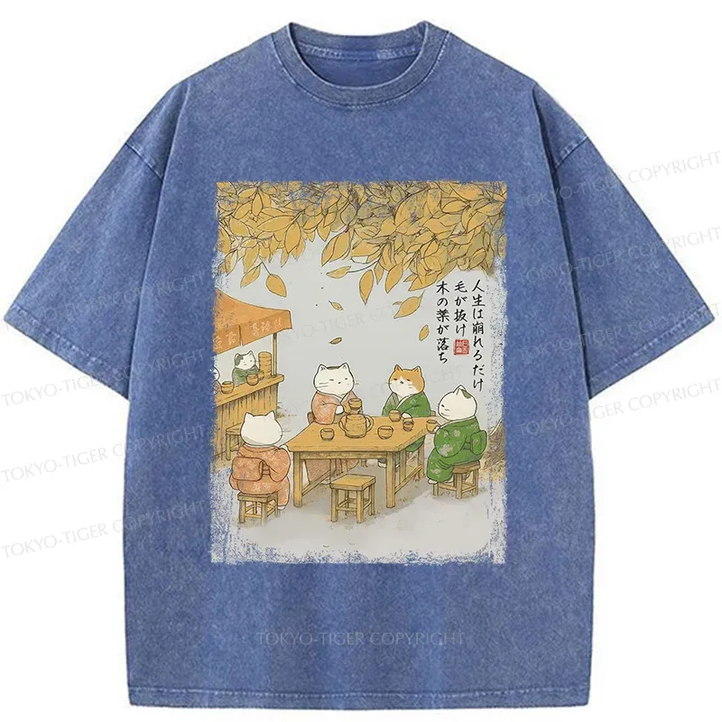 Tokyo-Tiger Cats Drinking Tea Under The Tree Washed T-Shirt