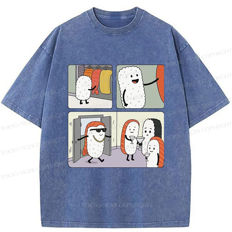Tokyo-Tiger Sushi At The Party Washed T-Shirt
