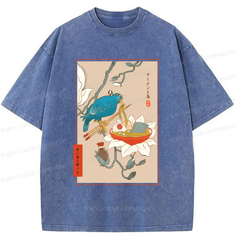 Tokyo-Tiger Bird Eating Ramen Washed T-Shirt