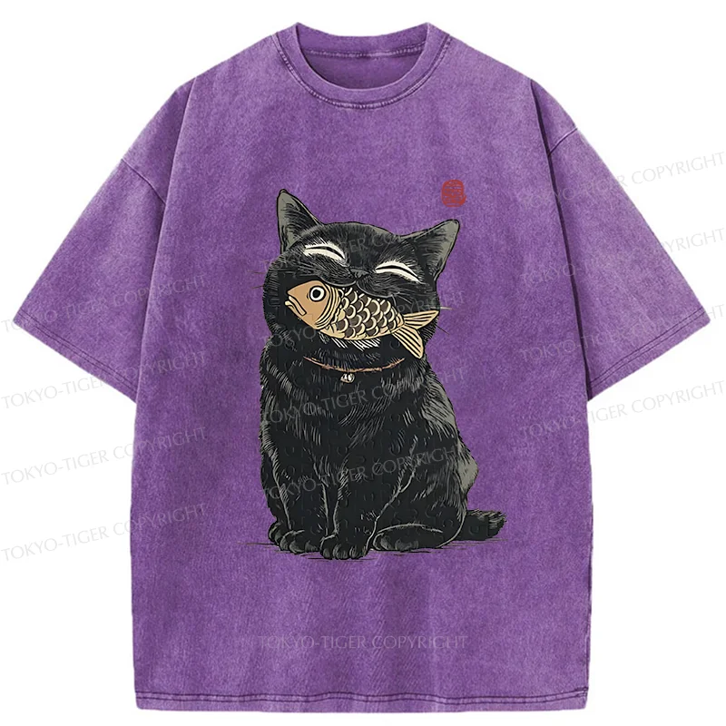 Tokyo-Tiger Happy Black Cat Washed T-Shirt