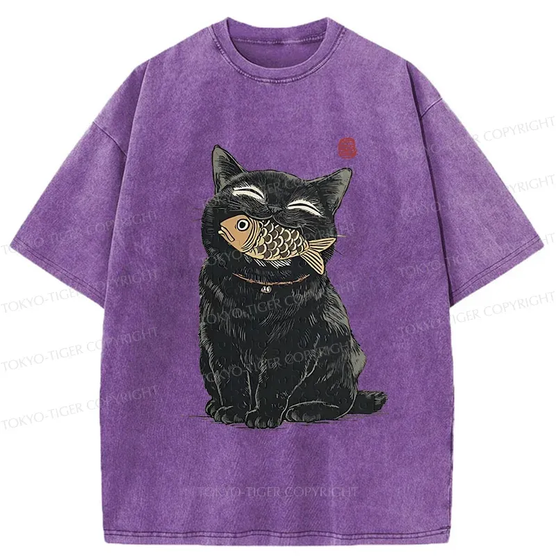 Tokyo-Tiger Happy Black Cat Washed T-Shirt