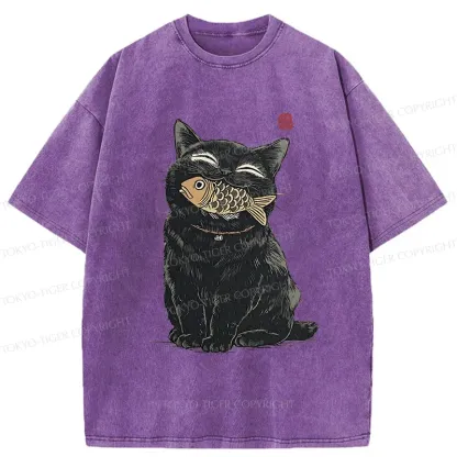Tokyo-Tiger Happy Black Cat Washed T-Shirt