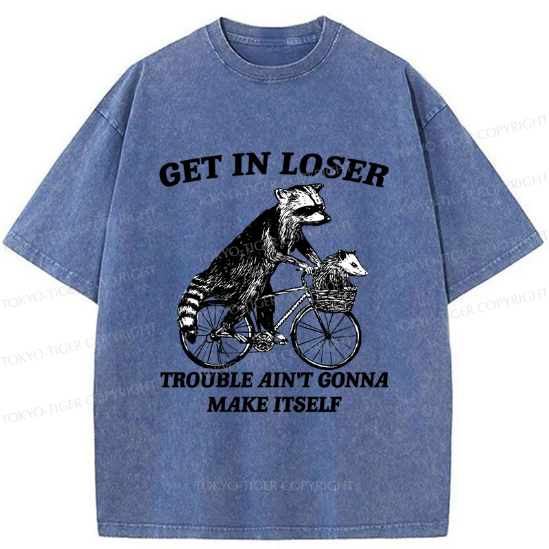 Tokyo-Tiger Raccoon On A Bicycle Washed T-Shirt
