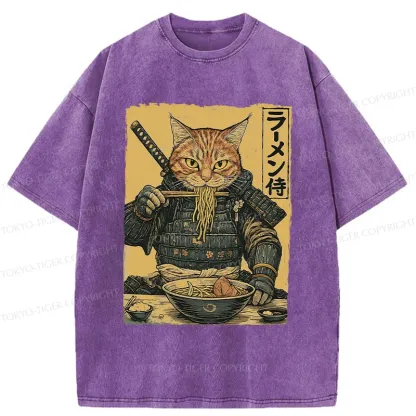 Tokyo-Tiger Cat General Eating Ramen Washed T-Shirt