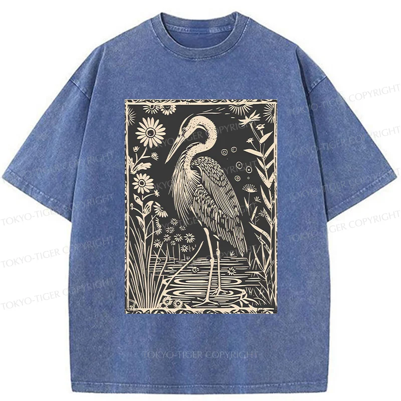 Tokyo-Tiger Woodcut Crane Japan Washed T-Shirt