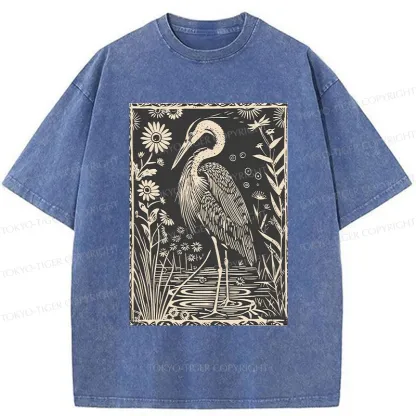 Tokyo-Tiger Woodcut Crane Japan Washed T-Shirt