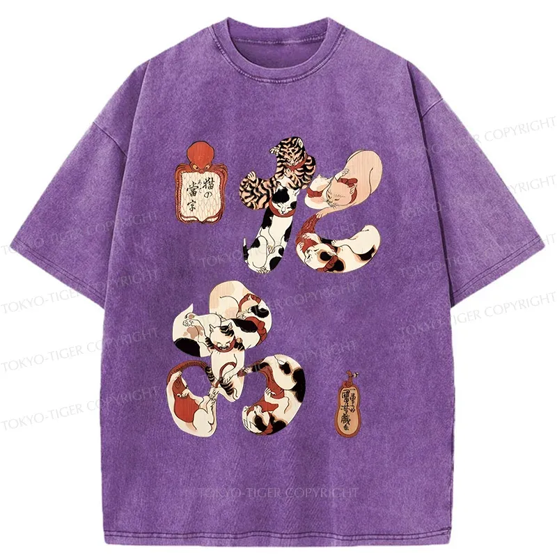 Tokyo-Tiger Funny Cat Kanji Washed T-Shirt