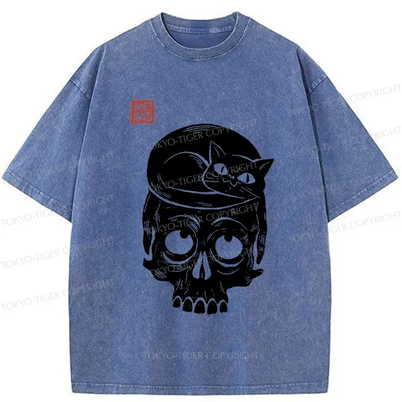 Tokyo-Tiger Woodcut Cat And Skeleton Washed T-Shirt