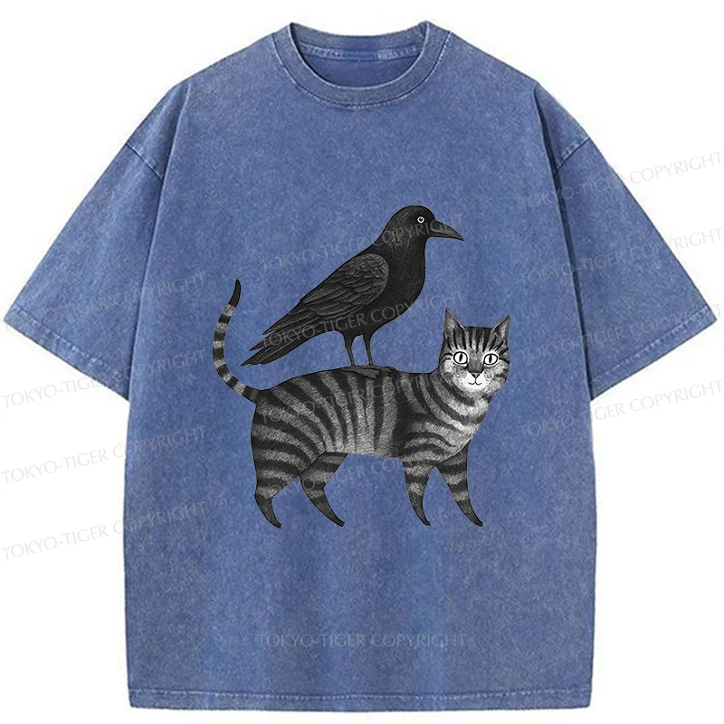 Tokyo-Tiger Crow Riding A Cat Washed T-Shirt