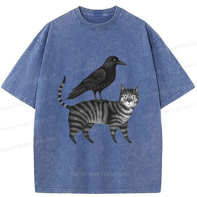 Tokyo-Tiger Crow Riding A Cat Washed T-Shirt Sale