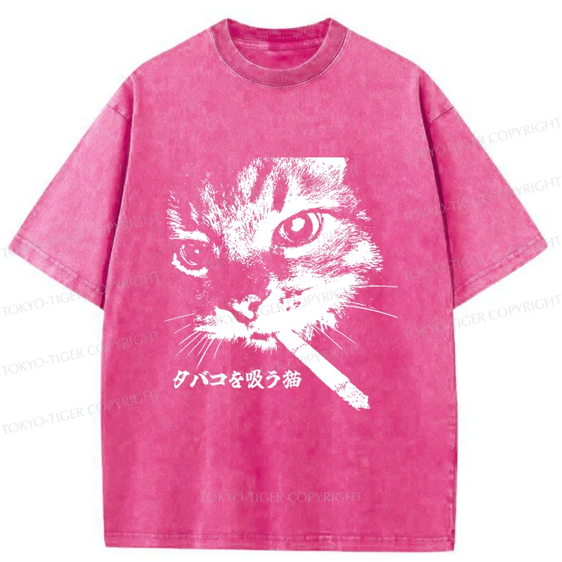 Tokyo-Tiger Retro Cat Smoking Washed T-Shirt