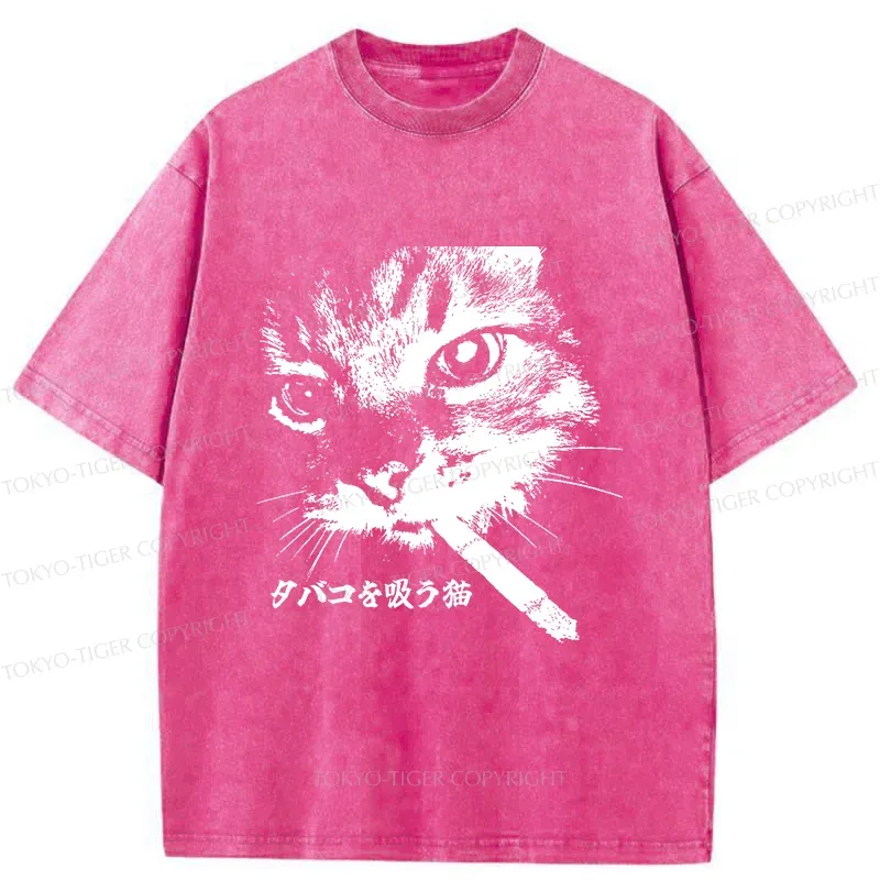 Tokyo-Tiger Retro Cat Smoking Washed T-Shirt