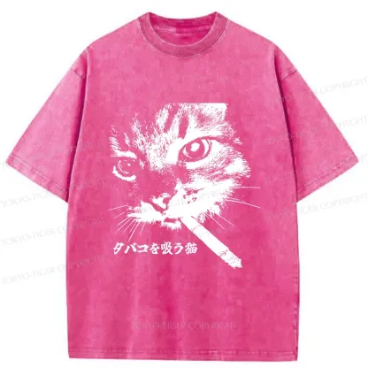 Tokyo-Tiger Retro Cat Smoking Washed T-Shirt