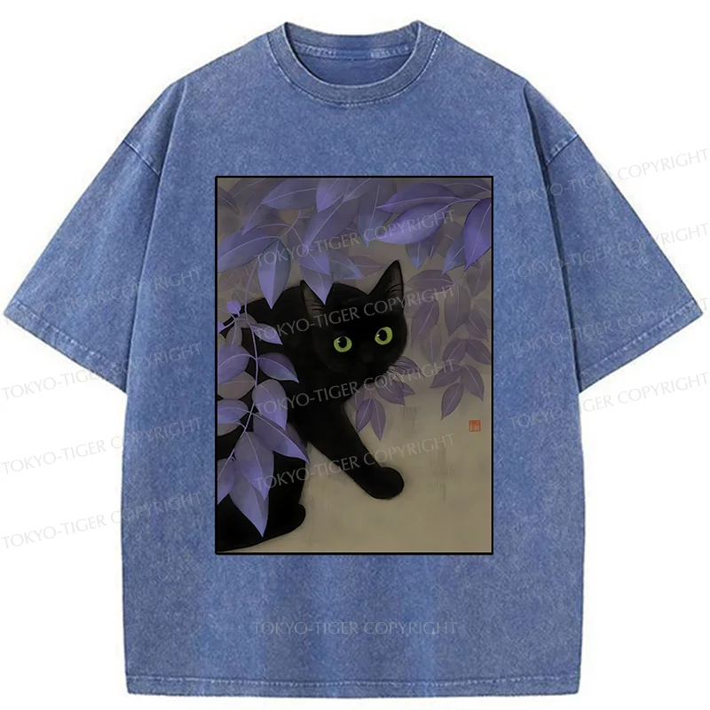 Tokyo-Tiger Cat Under The Flowers Washed T-Shirt
