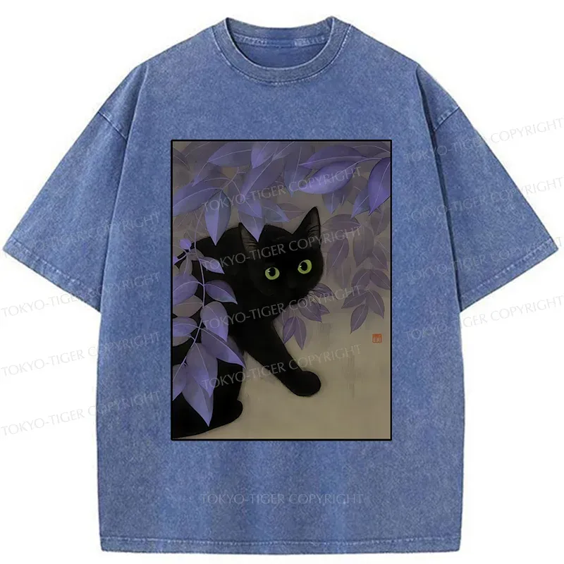 Tokyo-Tiger Cat Under The Flowers Washed T-Shirt