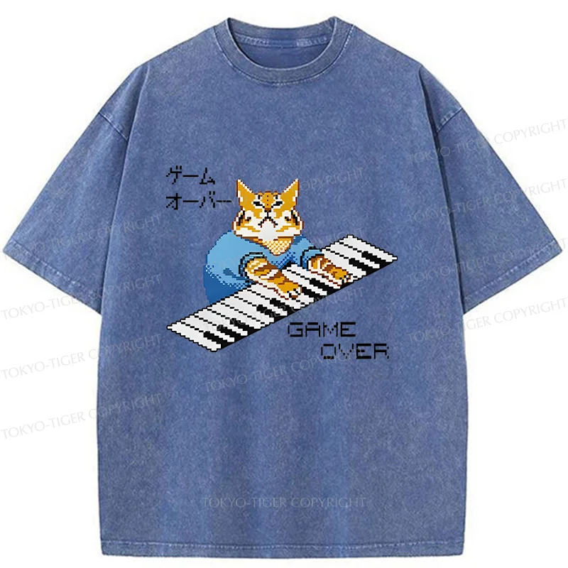 Tokyo-Tiger Cat Playing The Piano Washed T-Shirt